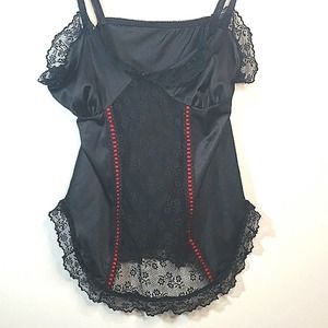 Nan Flower Vintage Sz M Satin Nylon Black Chemise Cami